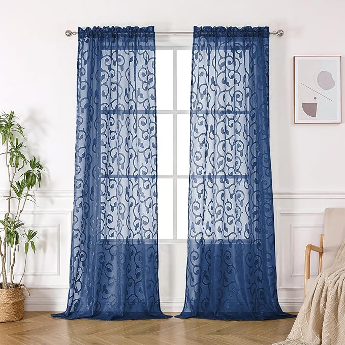 OWENIE Furman Blue Sheer Curtains 96 inches Long for Bedroom Living Room 2 Panels Set, Light Filtering Soft Semi Sheer Jacquard Clip Farmhouse Curtains Rod Pocket Design, 40Wx96L inch