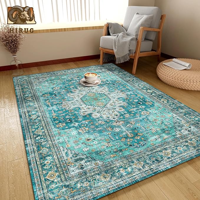 Washable Area Rug 9' x 12' Vintage Traditional Persian Mat - Foldable Distressed Non-Slip Machine Washable Carpet for Living Room Bedroom Kitchen Home Decor - Teal and Gold