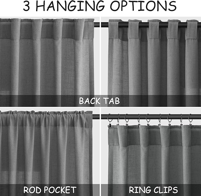 Dark Grey Linen Curtains 84 Inches Long for Bedroom Rod Pocket Back Tab Light Filtering Privacy Semi Sheer Curtain Farmhouse Decor Cotton Textured Drapes for Living Room 2 Panels Set 52x84 Inch