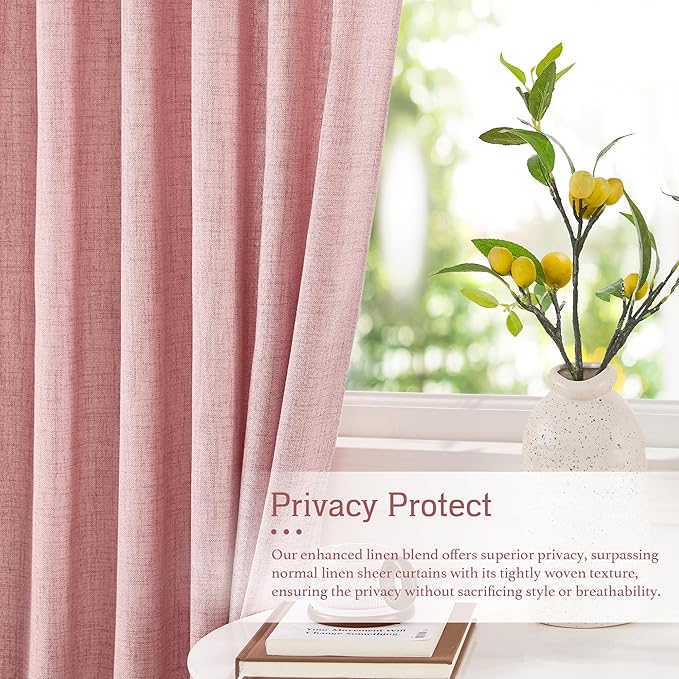 RYB HOME Living Room and Dining Room Curtains and Drapes Linen Sheer, Light Filtering Curtains 90 inches Long, Back Tab/Rod Pocket, Peach Blush, W 52 x L 90 inches, 2 Panels Set