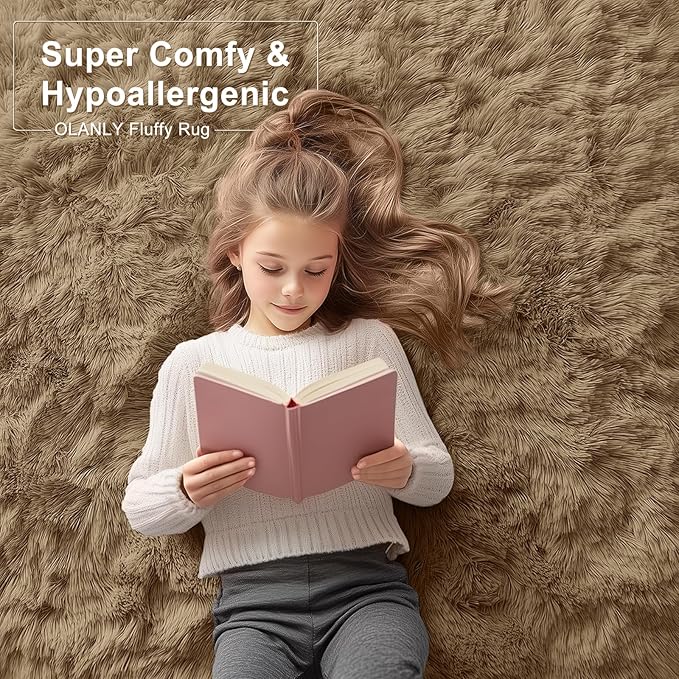 OLANLY Area Rugs for Living Room Bedroom, Machine Washable 4x5.9 ft Soft Fluffy Shaggy Bedside Rug, Indoor Floor Carpet for Kids Girls and Boys, Dorms, Nursery Rooms, Home Decor Aesthetic, Taupe
