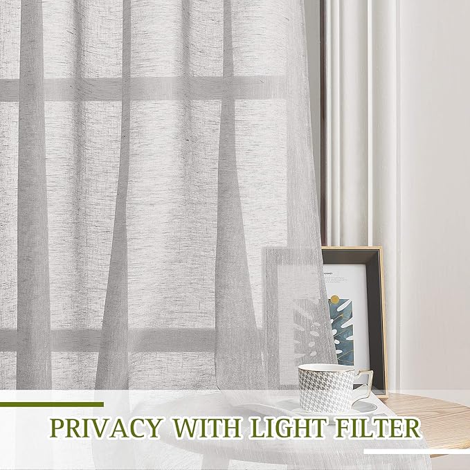 NICETOWN Linen Sheer Sliding Door Curtains 84 inch Long for Living Room, Grommet Semi Sheer Vertical Drapes Privacy with Light Filter for Home Office, W70 x L84, Grey, 1 Pair