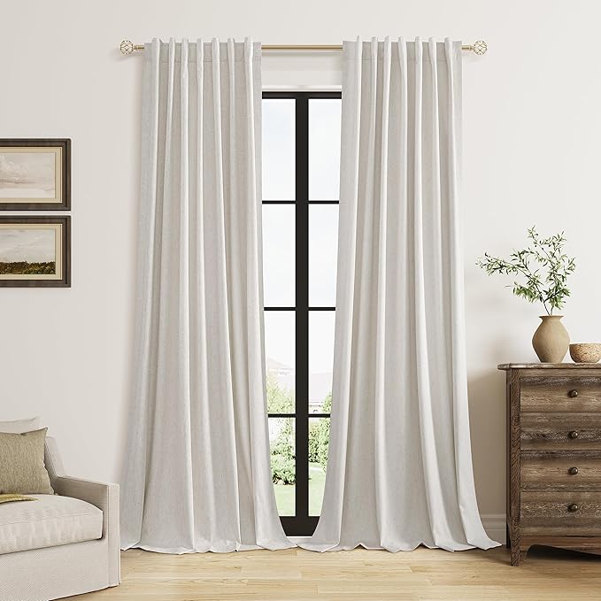 Guken Light Beige 100% Blackout Curtains 84 Inch Long 2 Panels Set for Living Room Bedroom Back Tab Room Darkening Winter Thermal Insulated Netural Black Out Linen Drapes Window Curtain, 52x84
