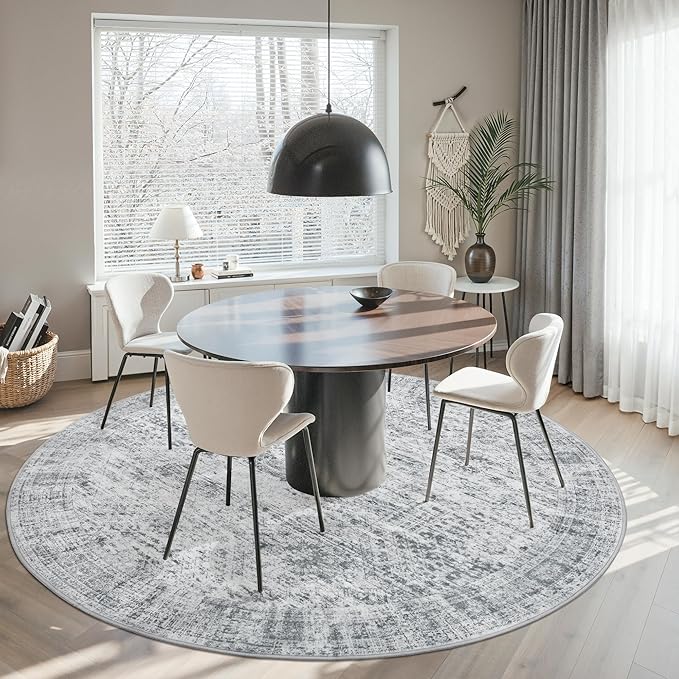 Soalmost 9x9 Grey Round Rug 9ft Living Room Circle Rug Vintage Round Area Rug Non Slip Indoor Carpet for Apartment