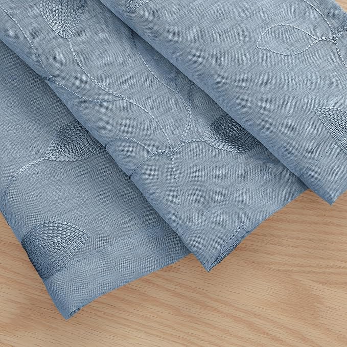 HOMEIDEAS Stone Blue Sheer Kitchen Curtains 30 X 24 Inch Length 2 Panels Embroidered Leaf Pattern Short Bathroom Window Curtains for Small Window Valance Tiers