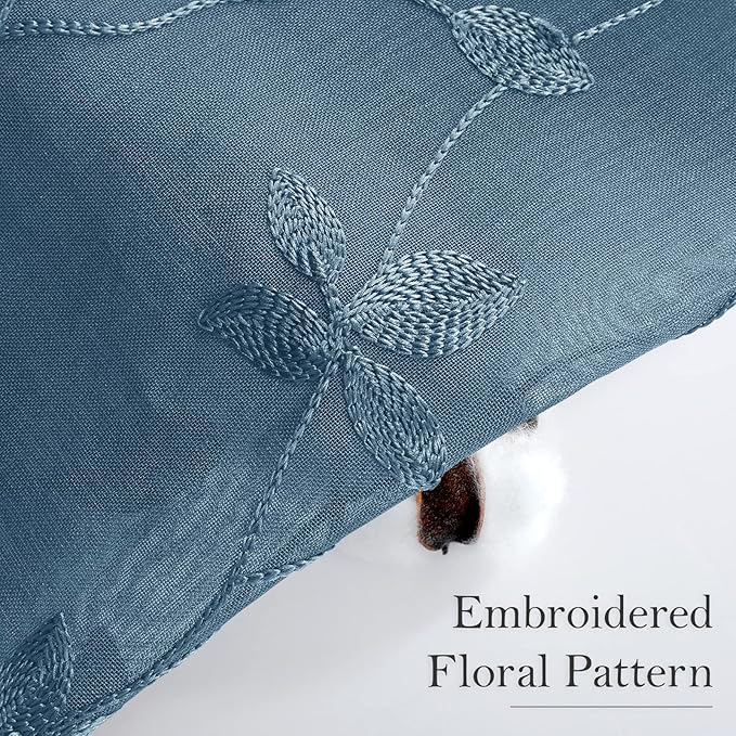 HOMEIDEAS Cyan Blue Sheer Curtains 52 X 96 Inches Length 2 Panels Embroidered Vine Floral Pattern Pocket Faux Linen Semi Sheer Voile Window Drapes for Bedroom Living Room