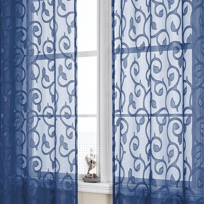 OWENIE Furman Blue Sheer Curtains 84 inches Long for Bedroom Living Room 2 Panels Set, Jacquard Clip Light Filtering Semi Sheer Curtain Rod Pocket Window Drapes, 2 Pcs Each 40 W 84 L