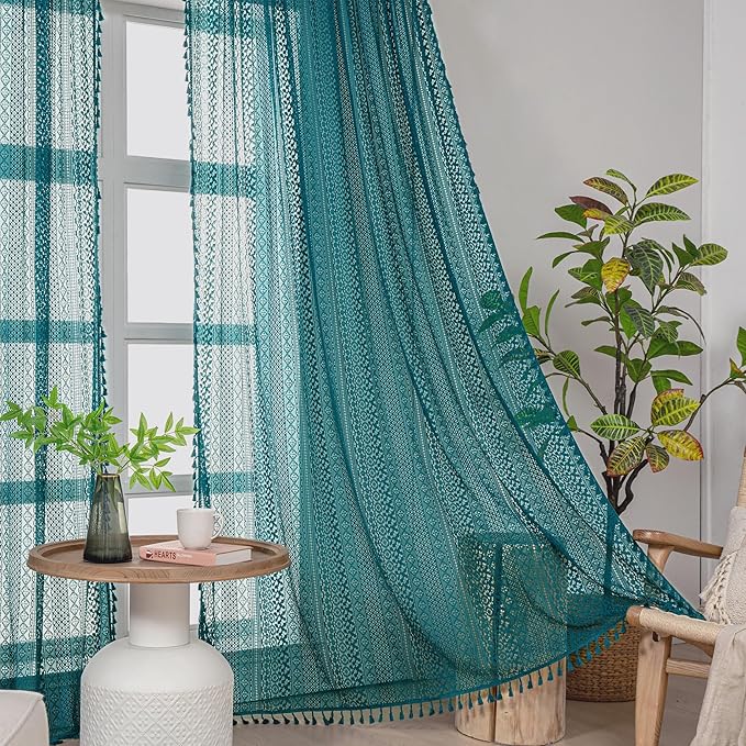 WAZZIO Boho Lace Curtains 63 Inches 2 Panel,Light Filtering Privacy Tassel & Geometry Crochet Semi Sheer Curtain Drapes for Bedroom Living Dining Room,Rod Pocket & Tassel,Coastal Style,Teal