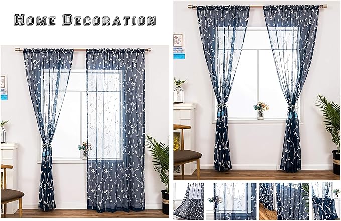 AmHoo 2 Panels Embroidered Leaf Pattern Semi Sheer Curtains Foliage Floral Voile Window Draperies Treatment for Bedroom Living Room Rod Pocket Navy Blue 53 x 95 Inch
