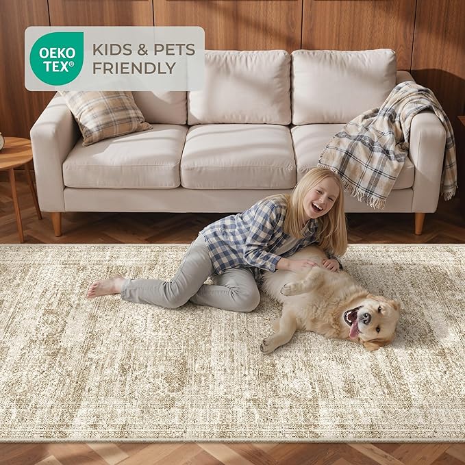 2x7 Runner Rug Non Slip, Thin Entryway Washable Rug for Entryway, Runners for Hallways, Low Pile Vintage Abstract Soft Rugs for Living Room, Kitchen, Bedroom(2'x7', Brown/Ivory)