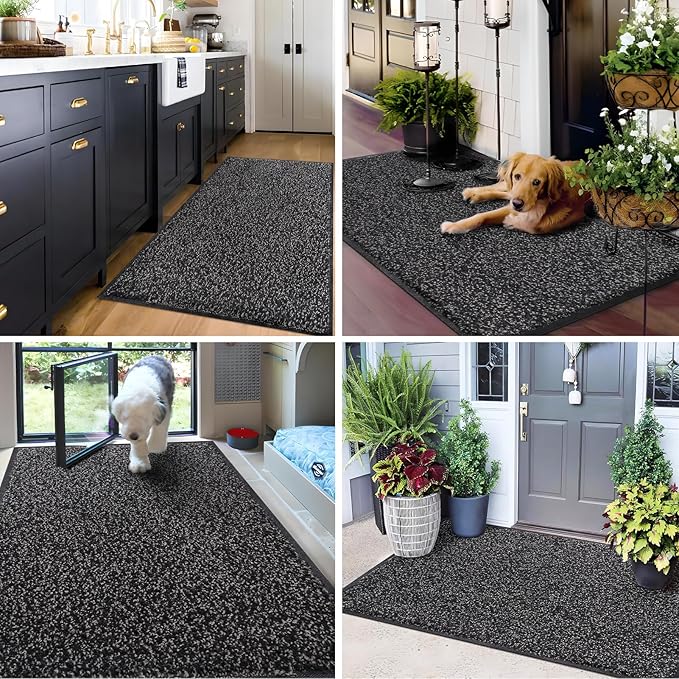Mibao Front Door Mat, Dirt Trapper Welcome Mat for Outdoor Indoor, Non-Slip Waterproof Doormat, Durable Machine Washable Low Profile Entry Rug for Back Door Outside Patio Porch, 30" x 18", Black