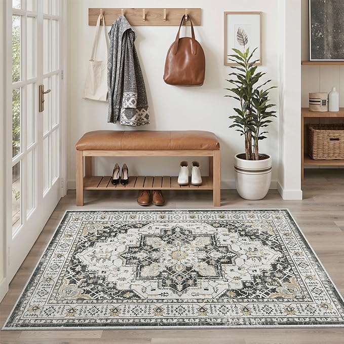 Madane Area Rug 3x5, Entryway Washable Vintage Runners Bedroom Non Slip Indoor Kitchen Runner for Living Room Laundry Room Playroom Soft Non-Slip Area Rugs, Black