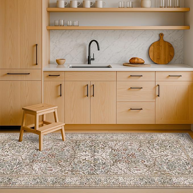 Hazo Haus Non Slip 2x7 Moss Green Hallway Runner - Long Runner Rugs for Bathroom, Washable Kitchen Floor Mat, Bedroom Bedside - Brown Earthy Vintage Floral Décor