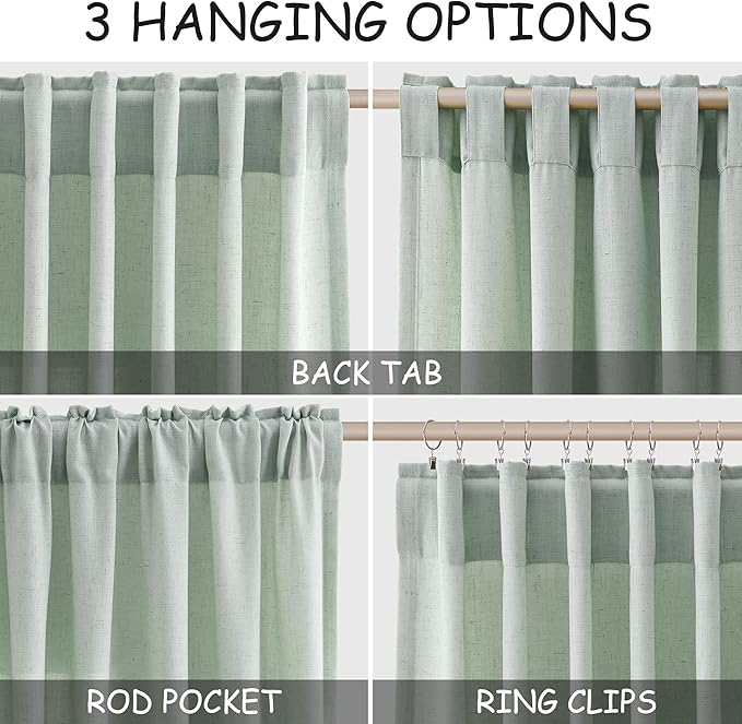 Extra Long Aqua Green Linen Curtains 120 Inch for Living Room 2 Panels Set Rod Pocket Back Tab Light Filtering Semi Sheer Linen Window Drapes Privacy High Ceiling Drapes for Farmhouse 52x120