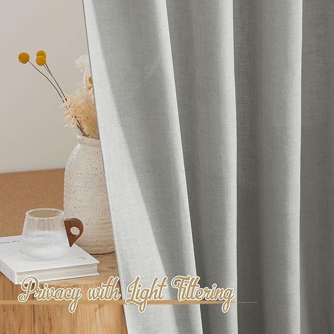 NICETOWN Linen Gray Sheer Curtains for Bedroom, Rod Pocket & Back Tab Flax Linen Burlap Semi Sheer Eclectic Window Treatments Privacy with Light Filtering for Boys Room, W52 x L90