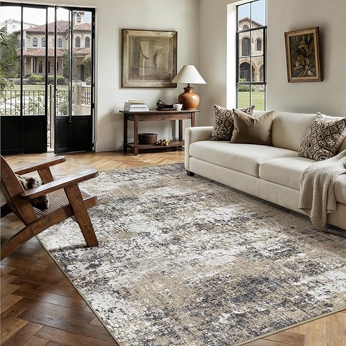 PureCozy 4x6 Abstract Area Rug Brown Washable Modern Neutral Office Carpet Non Slip Ultra Soft Indoor Entry Low Pile Small Door Mat Bedroom Contemporary Throw Rug for Kitchen Laundry Dinging Room