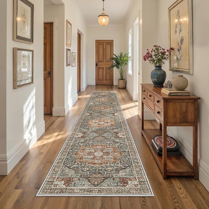 Hallway Runner Rug 2x12, Extra Long Washable Runner Rugs with Rubber Backing, Non Slip Runner, Vintage Rug Runners for Kitchen Laundry Room Entryway (Grey/Brown/Tan,2'x12')