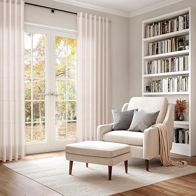 Nanspring Natural White Linen Curtains 96 Inches Long for Living Room Light Filtering Neutral Farmhouse Decor Curtains Back Tab and Rod Pocket Privacy Sheer Curtain for Bedroom 52x96, 2 Panels