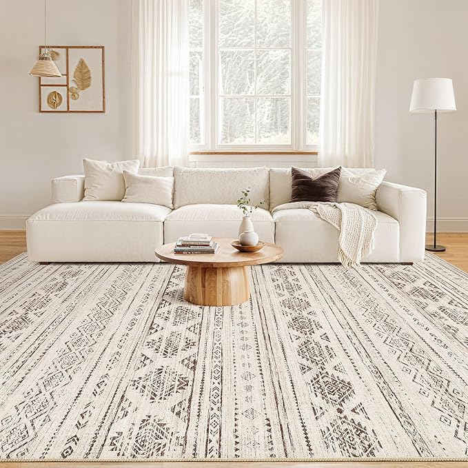 Nakagishi 7x9 Area Rug Living Room: Washable Boho Large Neutral Soft Farmhouse Modern Rugs Stain Resistant Moroccan Non-Slip Indoor Carpet for Bedroom Nursery Kids Office Dining Room- Dark Brown