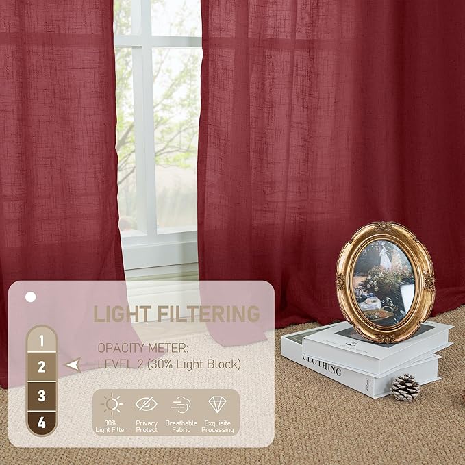 LAMIT 90 inch Red Linen Curtains for Living Room 2 Panels, Light Filtering Christmas Drapes Semi Sheer Bronze Grommet Curtain Panels for Bedroom/Farmhouse, Burgundy Red, 52 x 90 Inch