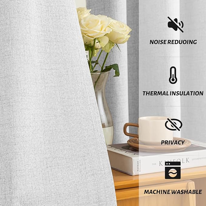Yakamok White Curtains 100% Blackout 84 Inches Long,Room Darkening Textured Curtains for Living Room Thermal Grommet Bedroom Curtain 2 Panels with Greyish White Liner