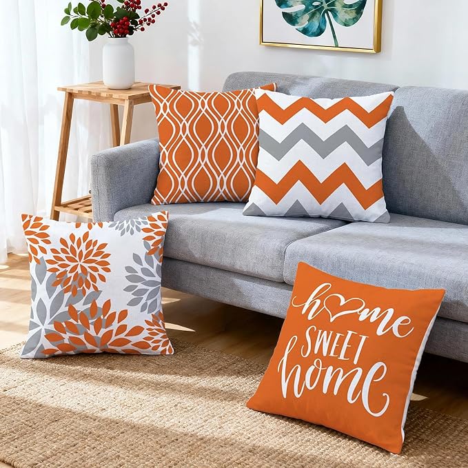 Hexagram Geometric Orange Pillow Covers 20x20 Set of 4, Decorative Outdoor Boho Modern Throw Pillow Covers, Home Sweet Home Farmhouse Cushion Case for Couch Sofa Bedroom Indoor Decor(No Insert)