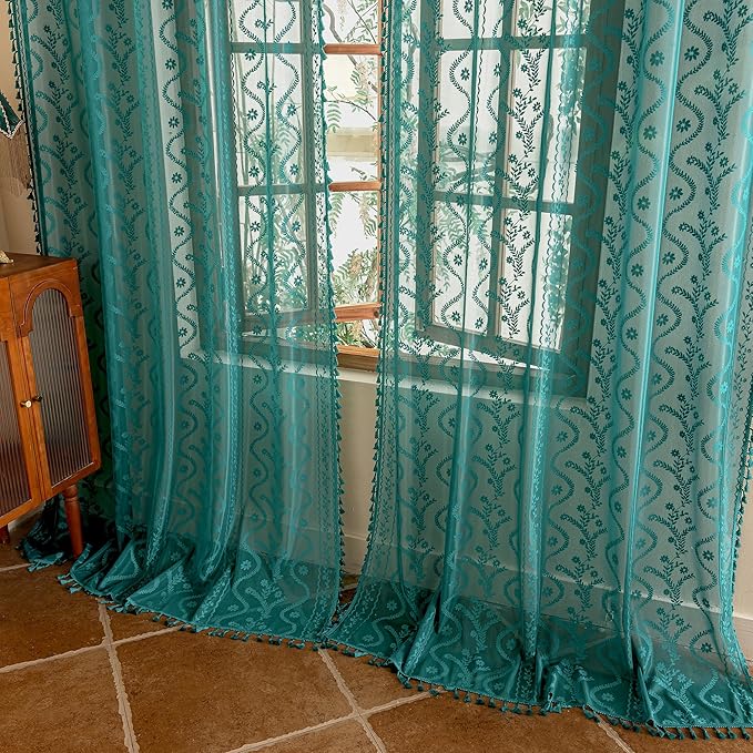 WAZZIO Boho Lace Curtains 2 Panels 84 Inch -Victorian Sheer Panel Drape French Country Floral Pattern & Tassel Light Filtering Privacy for Bedroom Dining Living Room,Coastal Decor,Teal,W52x L84