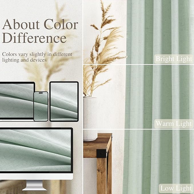 Nanspring Aqua Green Linen Curtains Semi Sheer 96 Inches Long 2 Panels Set for Living Room Back Tab Rod Pocket Light Filtering Drape for Bedroom Modern Farmhouse Coastal Decor Protect Privacy 52x96
