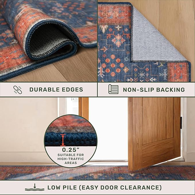 Hazo Haus Navy Blue Washable Hallway Runner Rug 2x10 Non Slip Rugs for Kitchen, Mudroom, Bathroom, Hall Way - 10 ft Long Dark Boho Geometric Decor, Fade & Stain Resistance