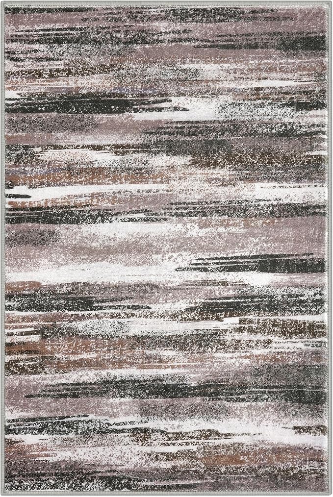 Lansny Modern Abstract 4x6 Living Room Washable Rug Non-Slip Soft Bedroom Area Rug Dark Light Brown White Thin Print Faux Wool Floor Carpet Throw Rugs for Nursery Playroom Dining Room Indoor Office