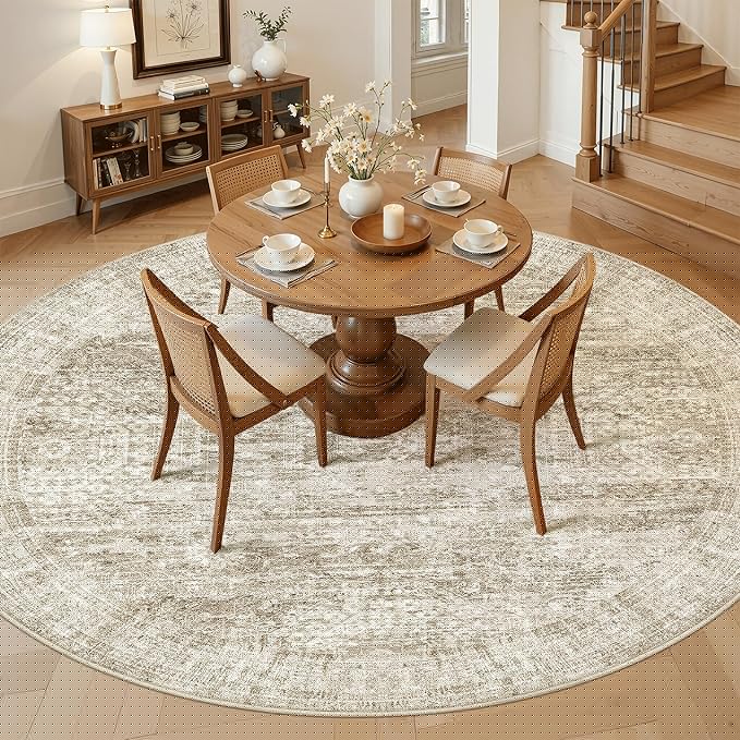 8x8 Brown Round Rug 8ft Living Room Circle Rug Vintage Round Area Rug Non Slip Indoor Carpet for Apartment