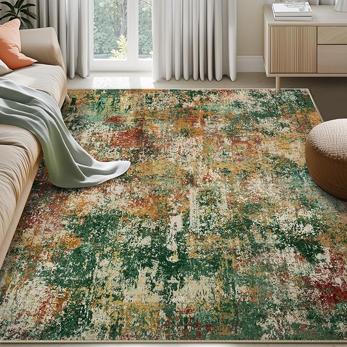 Washable Area Rugs 9'x12' Non-Slip Modern Abstract Soft for Living Room Entryway Bedroom Nursery, Print Pattern, Green Orange Rust Red Cream Colorful
