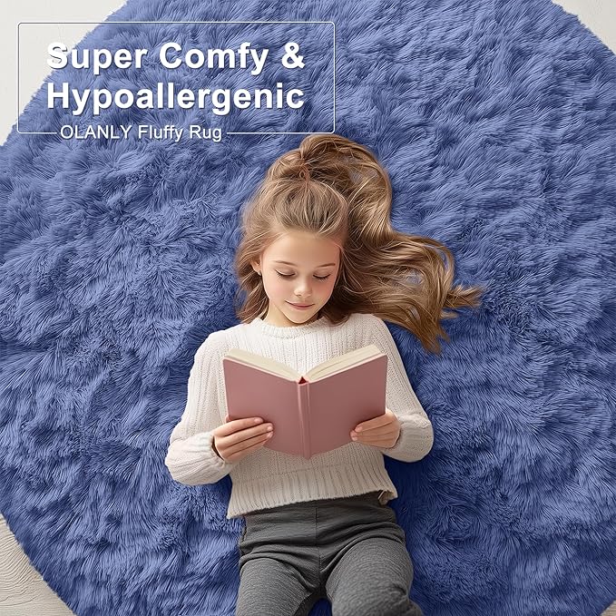 OLANLY Denim Blue Round Rugs for Bedroom - Machine Washable, 4 ft Circle Area Rugs for Living Room, Soft and Fluffy Shaggy Carpet for Teen Girl and Boys, Nursery Rooms, Dorms, Home Decor Aesthetic