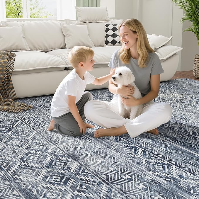 9x12 Area Rugs Washable Rug: Anti-Skid Abstract Modern Living Room Rug Soft Thin Carpets Indoor Floor Non-Shedding Carpet for Bedroom Dining Farmhouse Nursery Home Office (Blue Grey White, 9'x12')