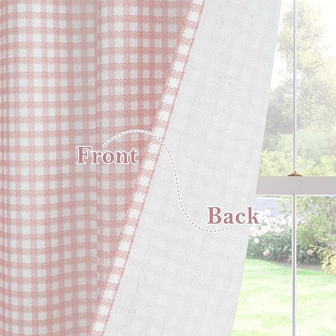 RYB HOME Kithen Curtains Rustic Plaid Cafe Valance, Classic Short Checkered Drapes 36 inch Length Small Window Treatment for Living Room Bathroom Bistro Farmhouse, Pink, W26 x L36, 2 Panels