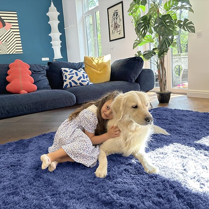 OLANLY 6x9 Machine Washable Large Area Rugs for Living Room, Bedroom, Soft Fluffy Shaggy Bedside Rug, Indoor Floor Carpet for Kids Girls and Boys, Dorms, Nursery, Home Decor Aesthetic, Denim Blue