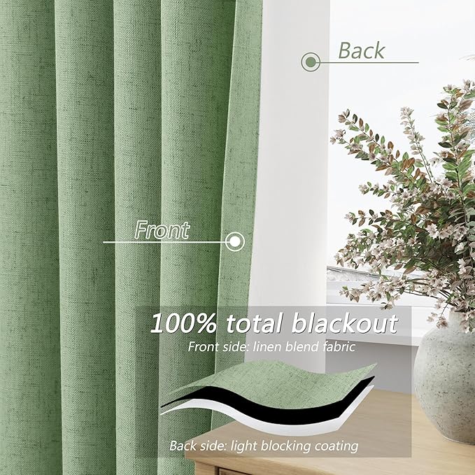 Guken Blackout Curtains 80 Inch Length 2 Panels Set for Living Room Bedroom Back Tab Thermal Insulated 100% Black Out Linen Drapes Room Darkening Window Curtains 80 Inches Long,Light Sage