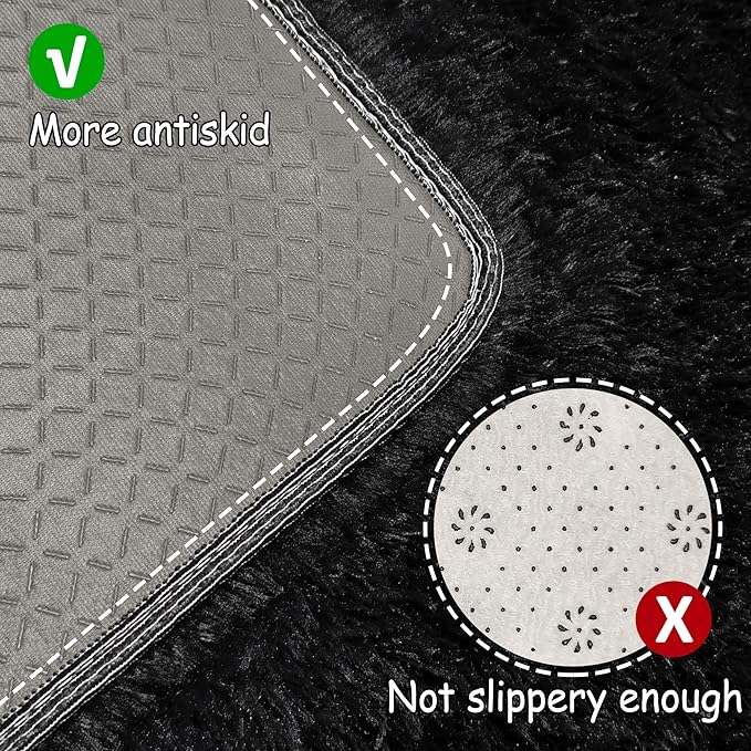2x8 Bedside Area Rugs for Bedroom Soft Fluffy Shag Black Rug for Hallway Non-Slip Fuzzy Plush Living Room Rug Indoor Floor Carpet for Kids Rooms Dorm Nursery Modern Home Aesthetic Decor