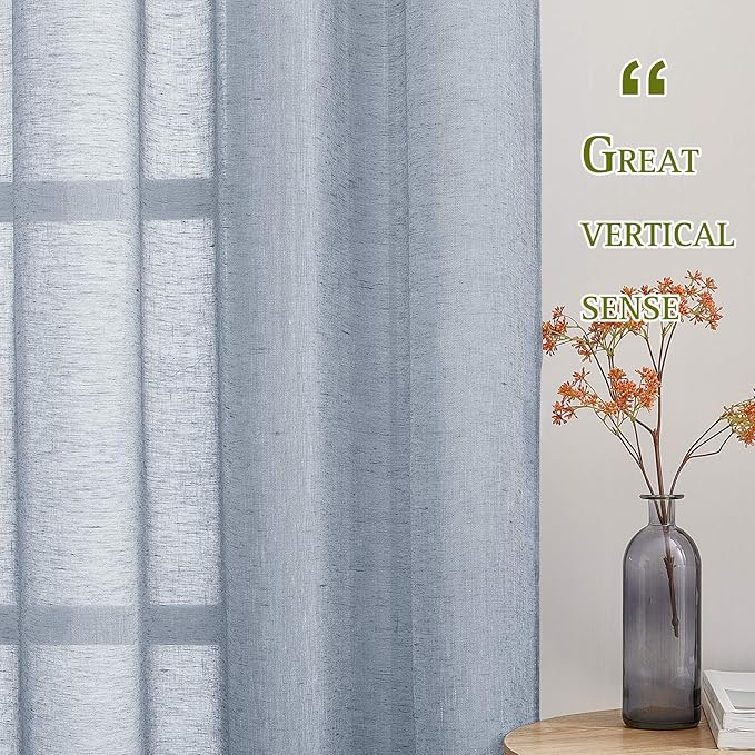 NICETOWN Linen Semi Sheer Flax Curtains 96" L, Eyelet Top Bedroom Window Privacy Translucent Light Filtering Flax Sheer Drapes for Guest Room, 104 inches Wide Total 2 Panels, Sea Mist