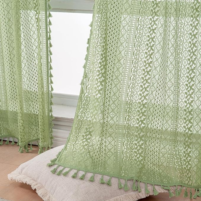 WAZZIO Boho Lace Curtains 84 Inches 2 Panel,Light Filtering Privacy Tassel & Geometry Crochet Semi Sheer Curtain Drapes for Bedroom Living Dining Room,Rod Pocket & Tassel,Grass Green