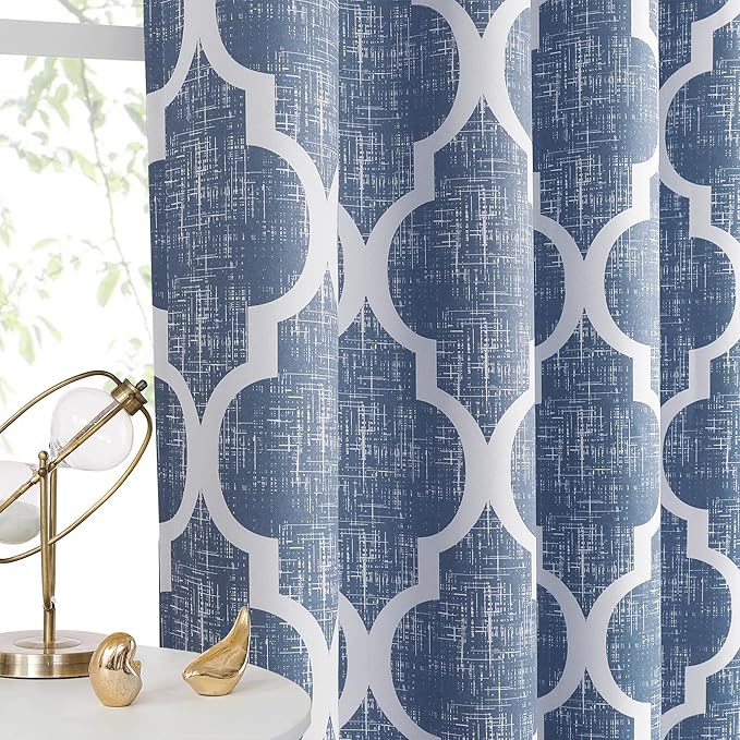 Beauoop 100% Blackout Curtains 84 Inches Long 2 Panels for Bedroom Living Room Blue Moroccan Geo Room Darkening Thermal Insulated Soundproof Grommet Top Window Treatments Drapes, 50x84 Set of 2