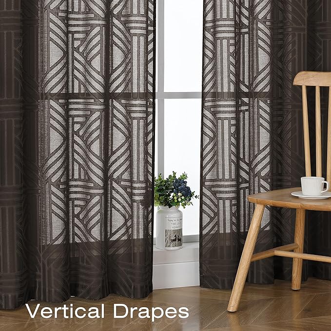 Simplebrand Chocolate Sheer Curtains 72 Inch Length 2 Panels for Living Room, Light Filtering Geometric Jacquard Clip Textured Rod Pocket Semi Sheer Curtains for Front Back Patio Glass Door，42x72 inch