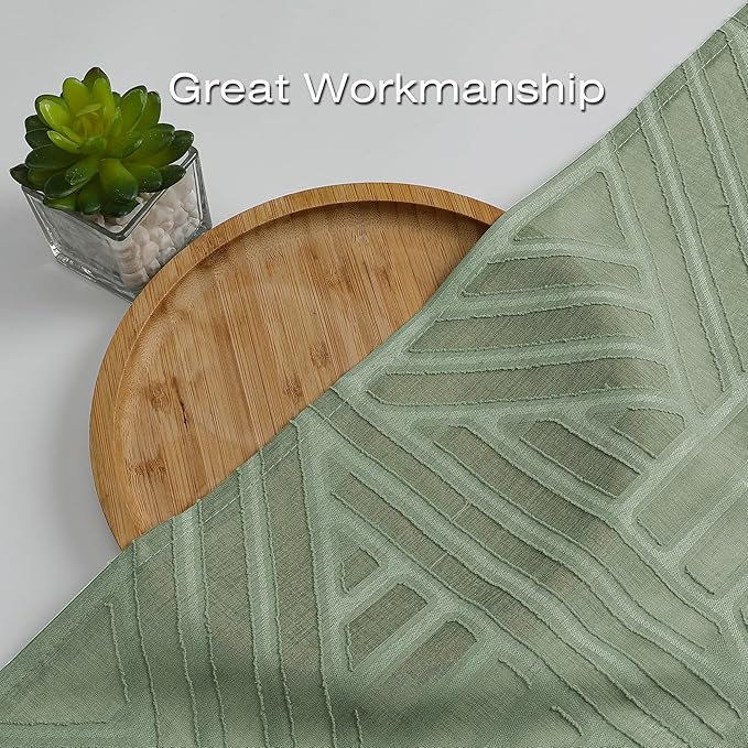 Simplebrand Sage Green Semi Sheer Curtains 96 Inches Long 2 Panels, Light Filtering Geometric Jacquard Clip Textured Sheer Curtains for Living Room，Modern Elegant Window Curtains Drapes，42x96 inch