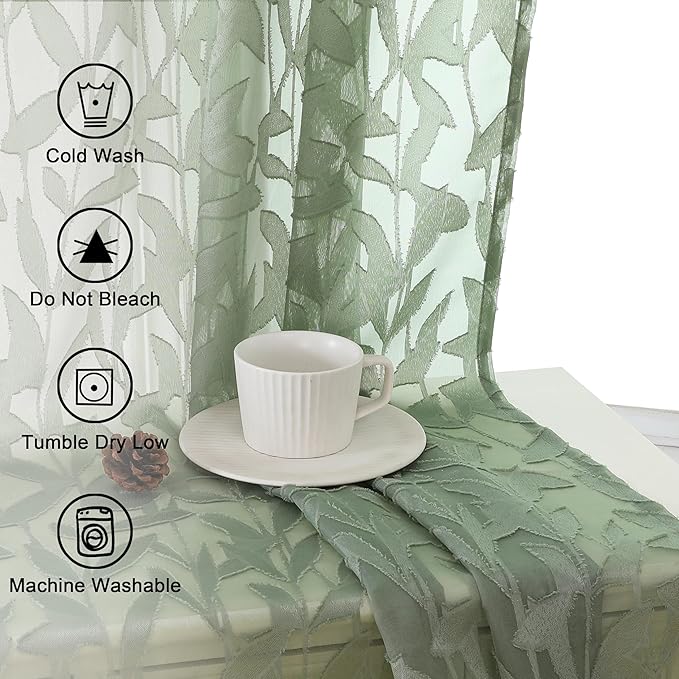 Lecloud Leia 72 Inch Sheer Curtains Sage Green Panels Set of 2, Double Rod Pocket Window Living Room Curtain with Leaves, Light Reducing Jacquard Texture Voile Drapes for Bedroom Bathroom, 38W x 72L