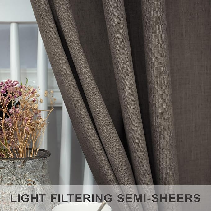 Dark Brown Linen Curtains for Living Room 108 Inches Long Semi Sheer Drapes Traditional Rustic Farmhouse Cottage Core Decor Chocolate Curtains for Sliding Glass Door Cabin 2 Panels 52 Wide 108 Length