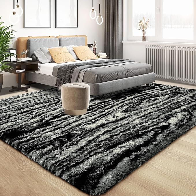 Tepook Soft Fluffy Rugs for Living Room, 5x8 Shaggy Area Rug for Bedroom, Modern Shag Rug Fuzzy Carpets for Kids, Plush Indoor Nursery Home Decor Rug with Non-Slip Bottom, Black White