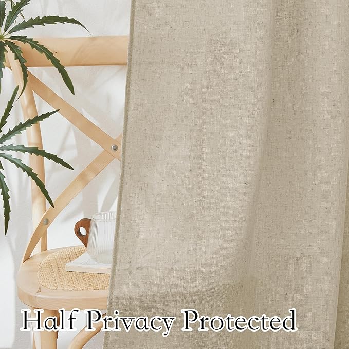 RYB HOME Semi Sheer Curtains 84 inches Long Linen Textured Blend Light Glare Filtering Drapes for Living Room Bedroom Dining Large Window Decor, Beige, 52 x 84 inch Length, 1 Pair