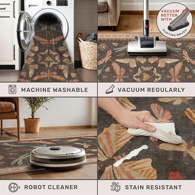 Dining Room Rugs for Under Table 6x9 - Washable Soft Rugs for Bedroom Aesthetic, Low Pile Stain Resistant Living Room Carpet, Vintage Insect Home Décor (Brown)