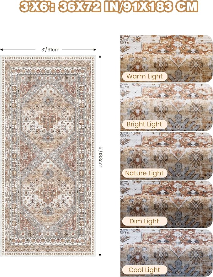 3x6 Runner Rug, Thin Entryway Non Slip Washable Rugs for Entryway, Runners for Hallways, Low Pile Vintage Soft Rugs for Living Room, Kitchen, Bedroom Rug(Orange,3'x6')