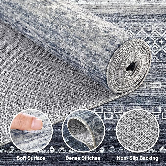 Nakagishi 10x14 Area Rugs Living Room: Washable Boho Large Neutral Modern Soft Stain Resistant Farmhouse Indoor Rug Non-Slip Accent Carpet for Bedroom Nursery Kids Playroom Office Dining Room- Blue